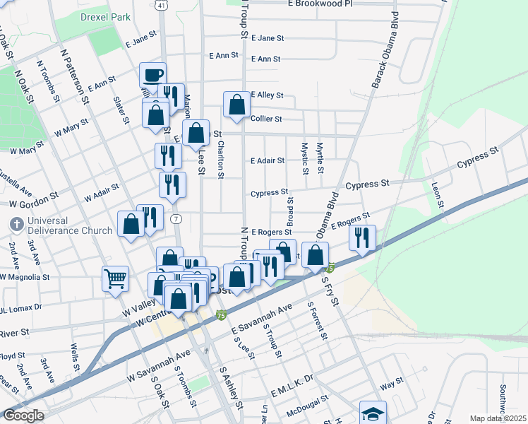 map of restaurants, bars, coffee shops, grocery stores, and more near 502 Jones Street in Valdosta
