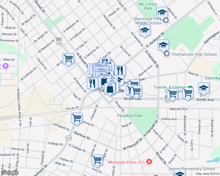 map of restaurants, bars, coffee shops, grocery stores, and more near 111 Remington Avenue in Thomasville
