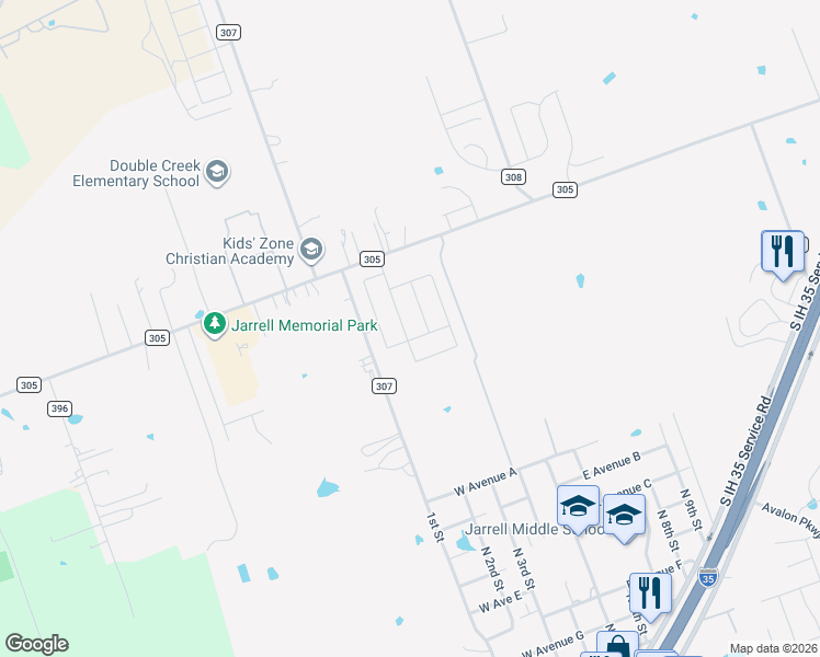 map of restaurants, bars, coffee shops, grocery stores, and more near 307 Circle Way in Jarrell
