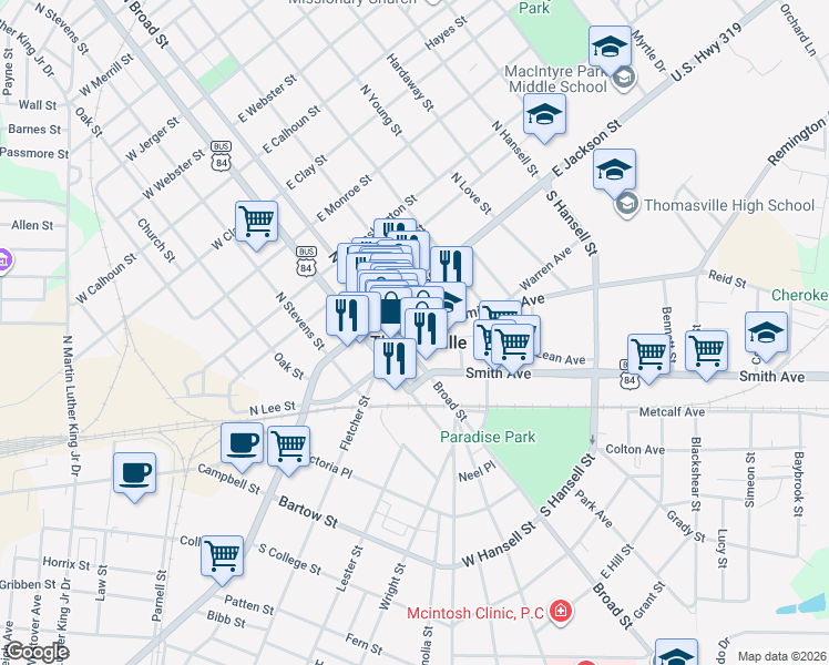 map of restaurants, bars, coffee shops, grocery stores, and more near 111 Remington Avenue in Thomasville