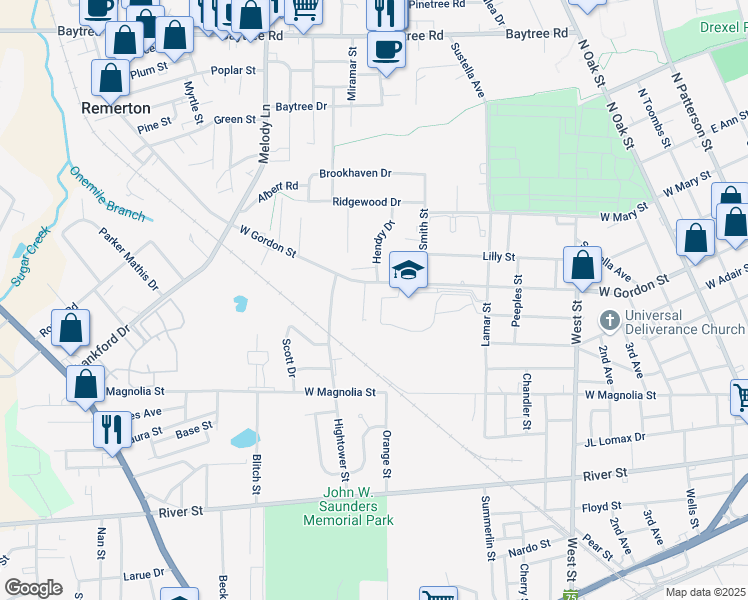 map of restaurants, bars, coffee shops, grocery stores, and more near 909 Greenwood Drive in Valdosta