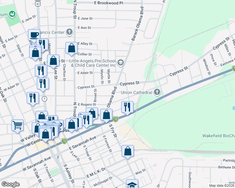 map of restaurants, bars, coffee shops, grocery stores, and more near 607 Green St in Valdosta