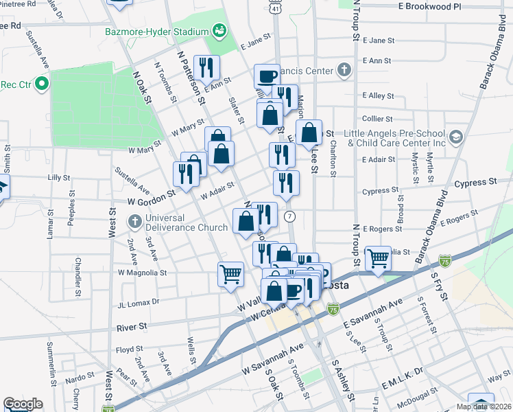 map of restaurants, bars, coffee shops, grocery stores, and more near 607 North Patterson Street in Valdosta