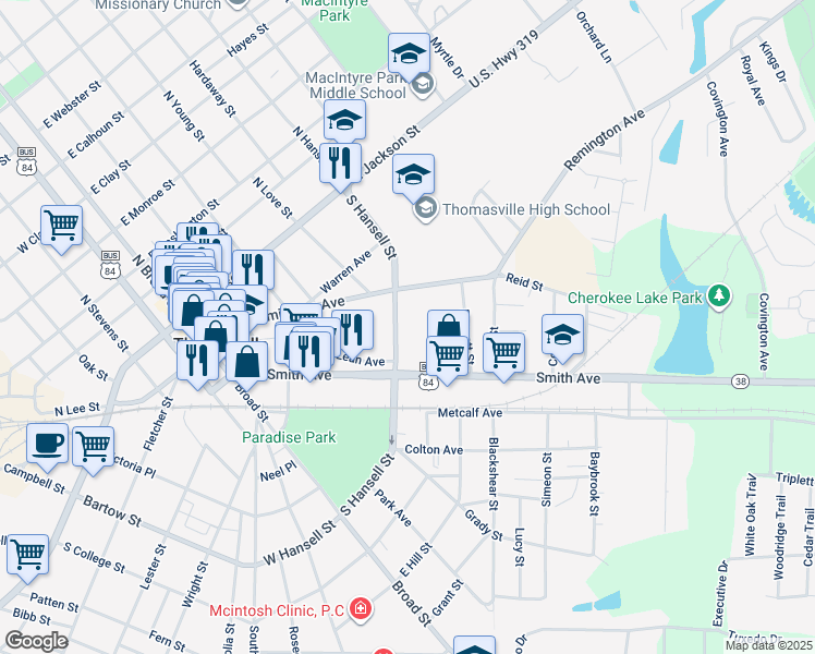 map of restaurants, bars, coffee shops, grocery stores, and more near 429 South Hansell Street in Thomasville