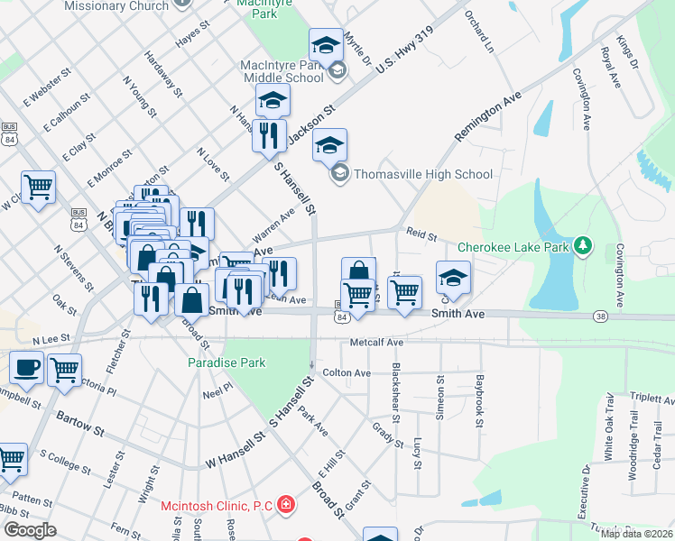 map of restaurants, bars, coffee shops, grocery stores, and more near 429 South Hansell Street in Thomasville