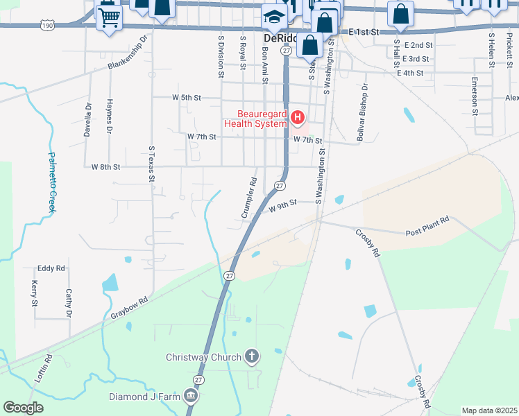 map of restaurants, bars, coffee shops, grocery stores, and more near 813-1011 South Pine Street in DeRidder