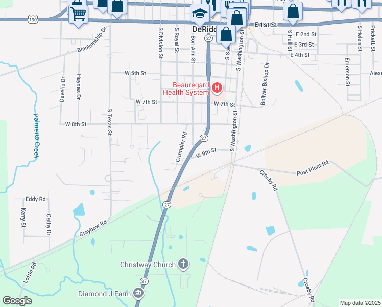 map of restaurants, bars, coffee shops, grocery stores, and more near 813 South Pine Street in DeRidder