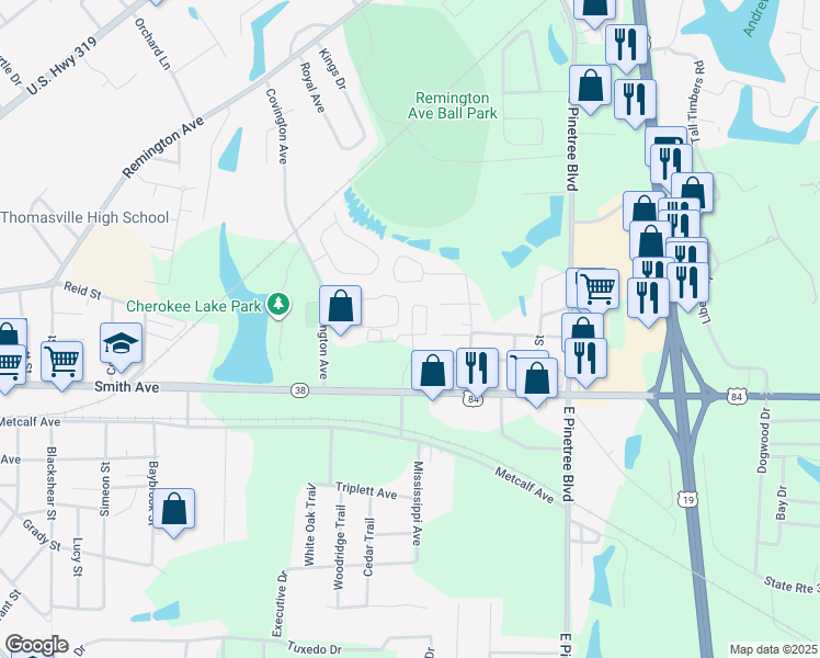 map of restaurants, bars, coffee shops, grocery stores, and more near Market Street in Thomasville