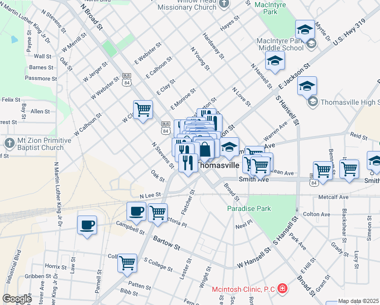 map of restaurants, bars, coffee shops, grocery stores, and more near 105 South Madison Street in Thomasville