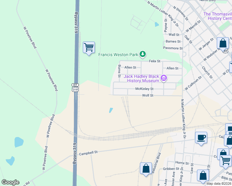 map of restaurants, bars, coffee shops, grocery stores, and more near 626 Wolf Street in Thomasville