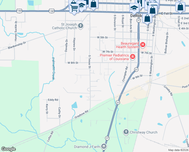 map of restaurants, bars, coffee shops, grocery stores, and more near 984 South Texas Street in DeRidder
