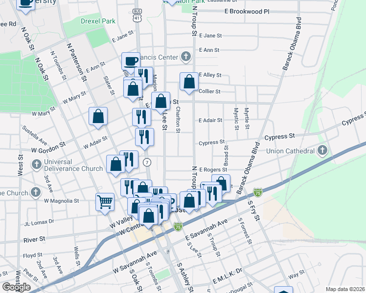 map of restaurants, bars, coffee shops, grocery stores, and more near 501 Charlton Street in Valdosta