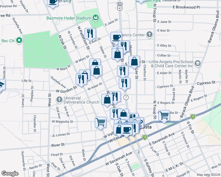 map of restaurants, bars, coffee shops, grocery stores, and more near 607 North Patterson Street in Valdosta
