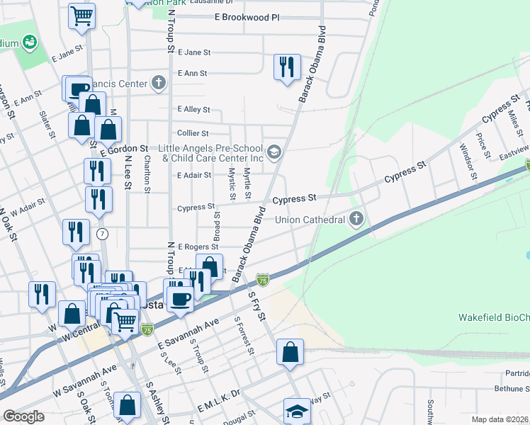 map of restaurants, bars, coffee shops, grocery stores, and more near 607 Green St in Valdosta