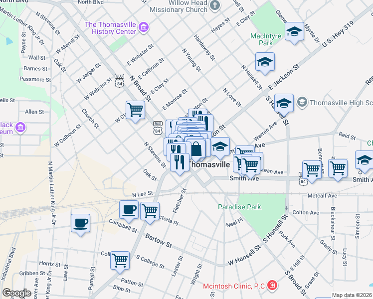 map of restaurants, bars, coffee shops, grocery stores, and more near 111 West Jackson Street in Thomasville