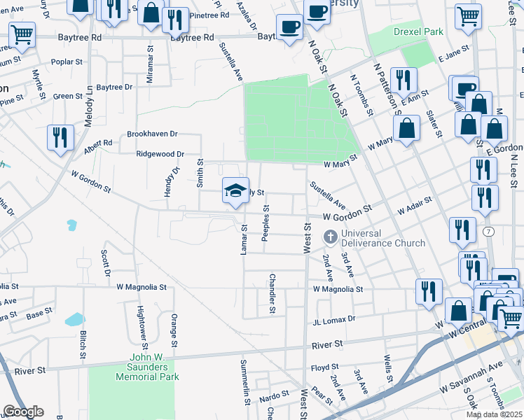 map of restaurants, bars, coffee shops, grocery stores, and more near 700 West Gordon Street in Valdosta