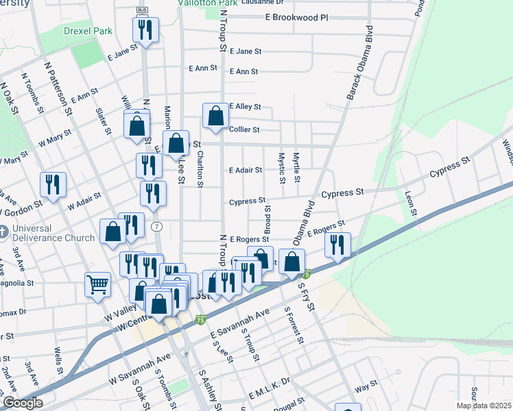 map of restaurants, bars, coffee shops, grocery stores, and more near 511 Cypress Street in Valdosta