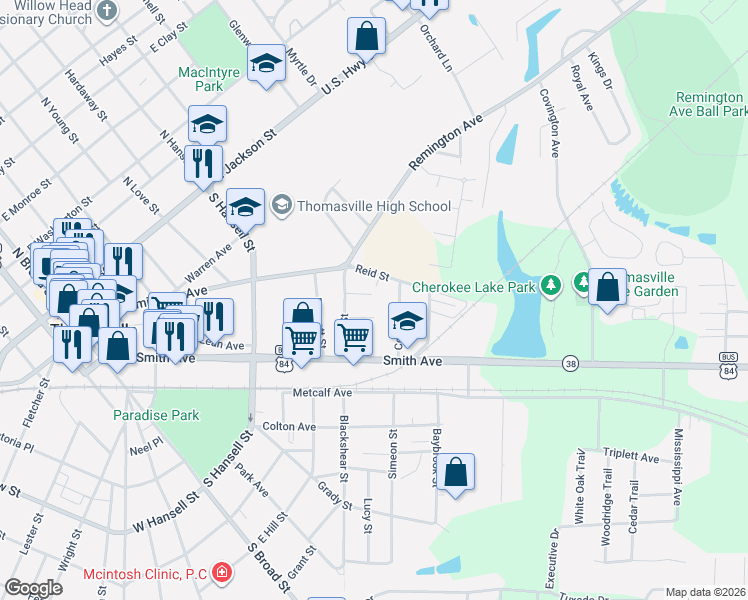 map of restaurants, bars, coffee shops, grocery stores, and more near 110 Wise Street in Thomasville