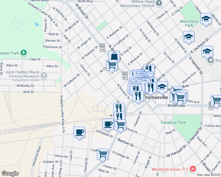map of restaurants, bars, coffee shops, grocery stores, and more near 312 Oak Street in Thomasville