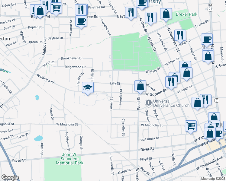 map of restaurants, bars, coffee shops, grocery stores, and more near 708 West Gordon Street in Valdosta