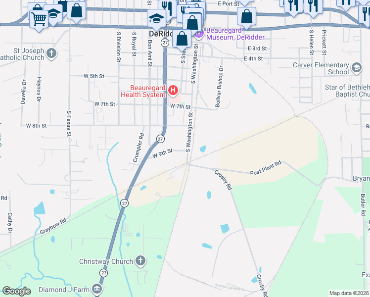 map of restaurants, bars, coffee shops, grocery stores, and more near 101-209 West 9th Street in DeRidder