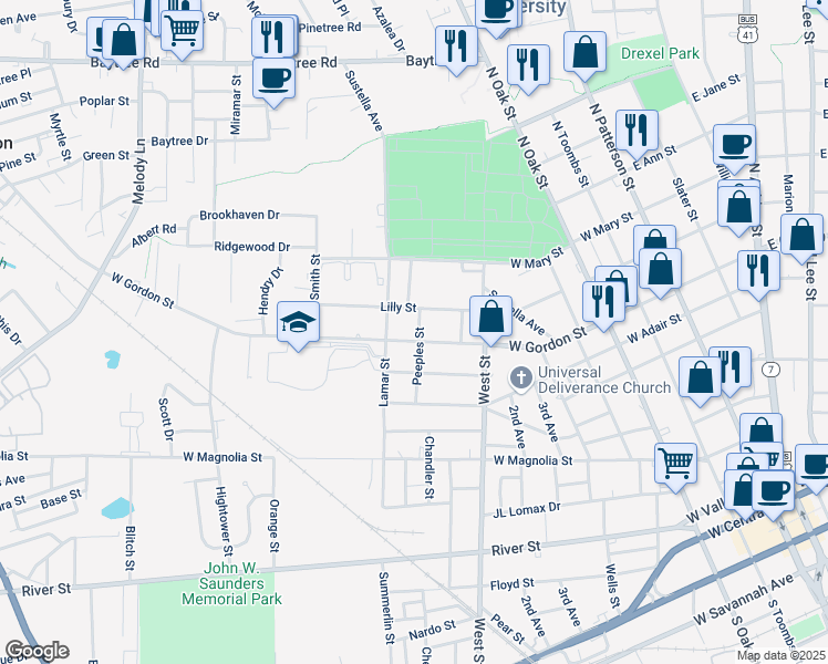 map of restaurants, bars, coffee shops, grocery stores, and more near 700 West Gordon Street in Valdosta