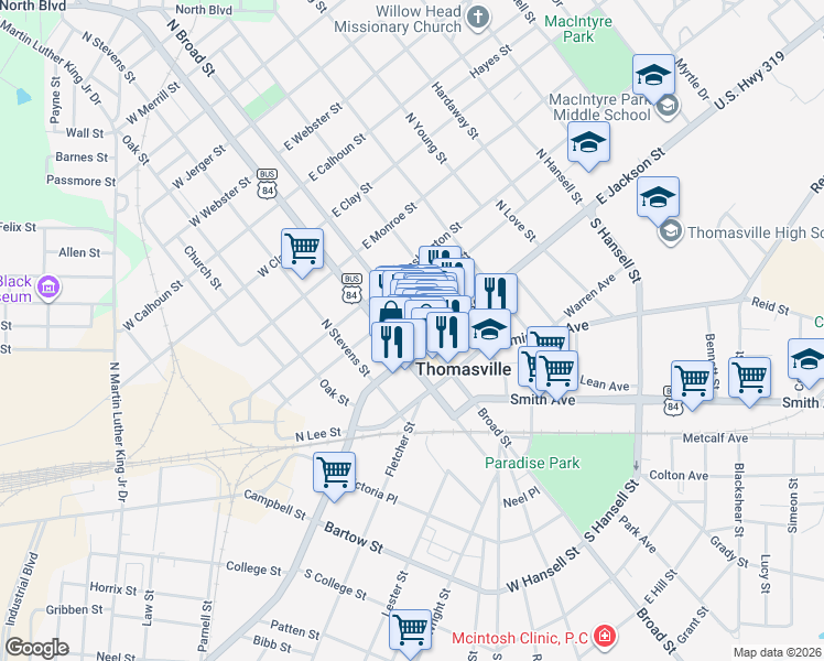 map of restaurants, bars, coffee shops, grocery stores, and more near 119 North Broad Street in Thomasville