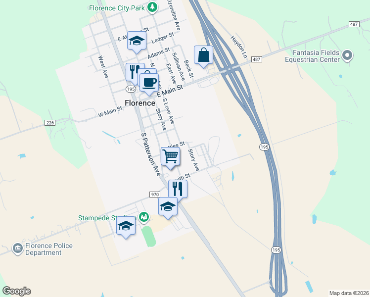 map of restaurants, bars, coffee shops, grocery stores, and more near 100 Preslar Avenue in Florence