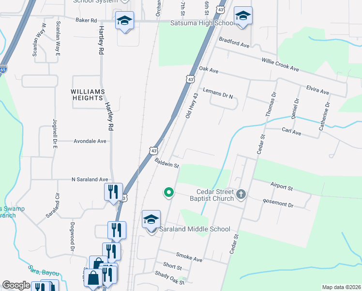 map of restaurants, bars, coffee shops, grocery stores, and more near 5238 Old U.S. 43 in Satsuma