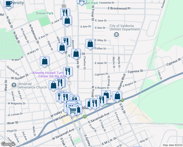 map of restaurants, bars, coffee shops, grocery stores, and more near 524 North Troup Street in Valdosta