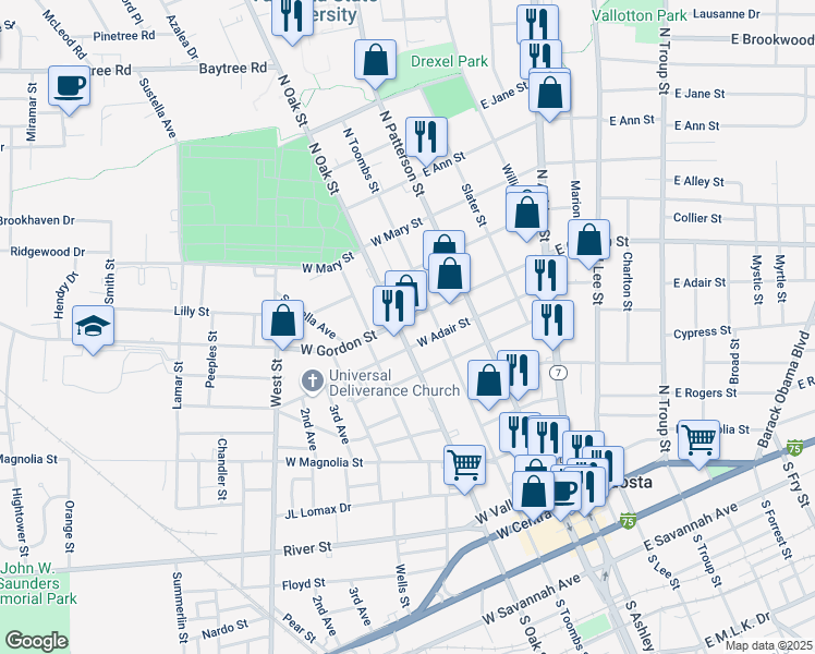map of restaurants, bars, coffee shops, grocery stores, and more near 209 West Gordon Street in Valdosta