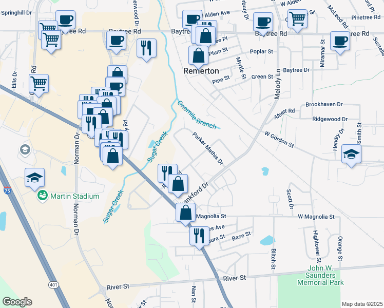 map of restaurants, bars, coffee shops, grocery stores, and more near 603 Lynn Terrace in Valdosta
