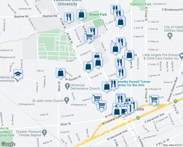 map of restaurants, bars, coffee shops, grocery stores, and more near 111 West Gordon Street in Valdosta