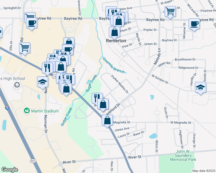 map of restaurants, bars, coffee shops, grocery stores, and more near 686 Lynn Terrace in Valdosta