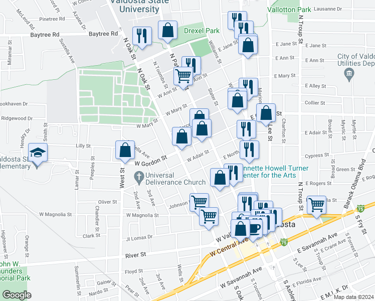 map of restaurants, bars, coffee shops, grocery stores, and more near 205 West Gordon Street in Valdosta