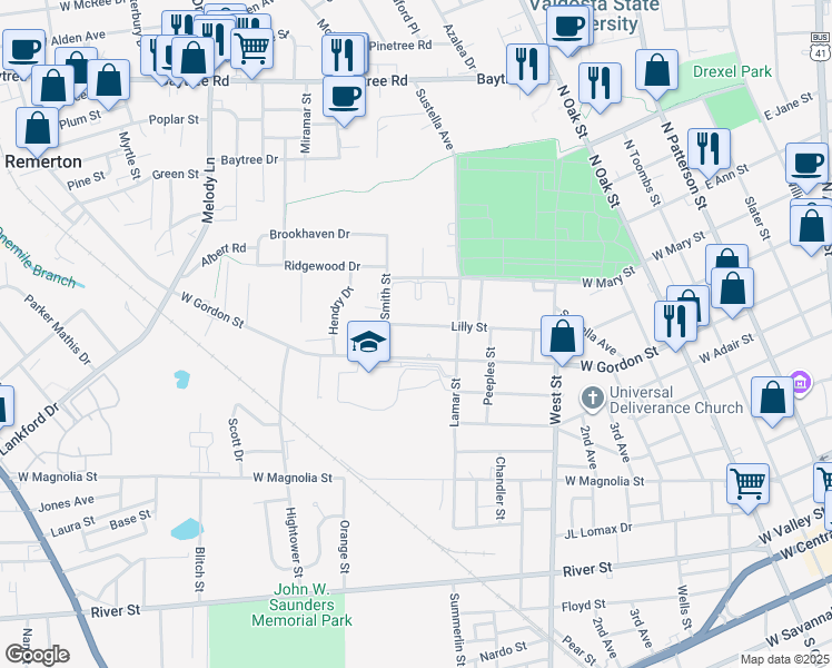 map of restaurants, bars, coffee shops, grocery stores, and more near 1003 Smith Street in Valdosta