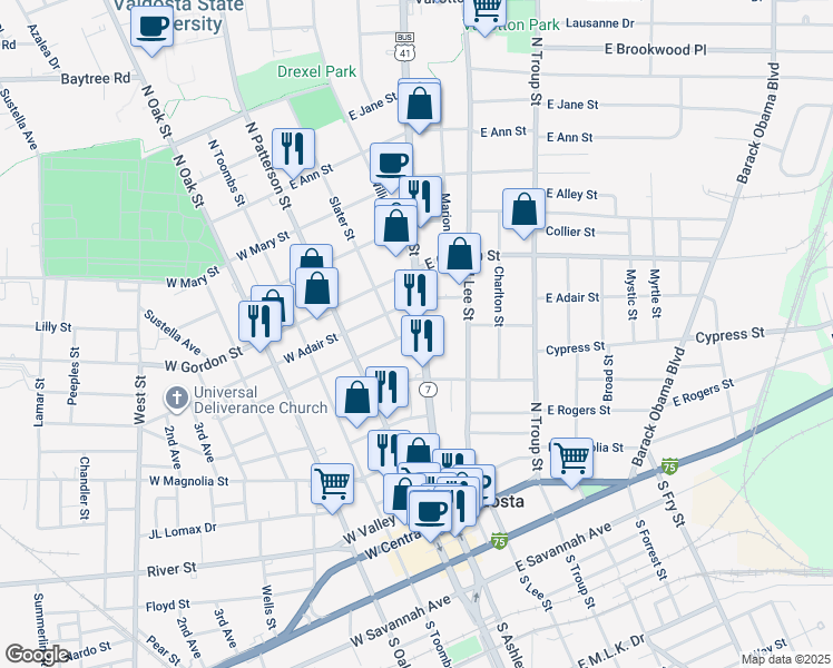 map of restaurants, bars, coffee shops, grocery stores, and more near 620 North Ashley Street in Valdosta
