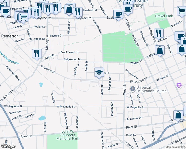 map of restaurants, bars, coffee shops, grocery stores, and more near 1003 Smith Street in Valdosta