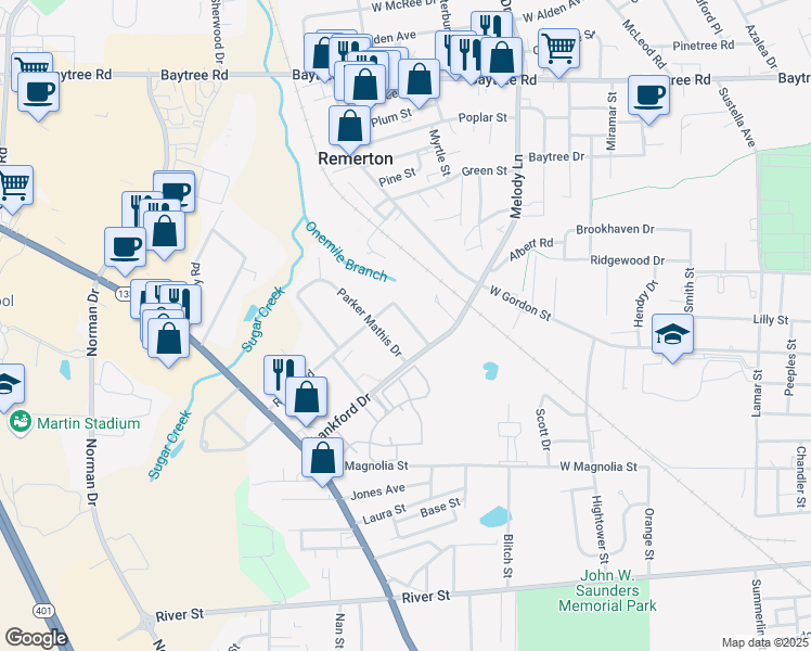 map of restaurants, bars, coffee shops, grocery stores, and more near 506 Roberts Street in Valdosta