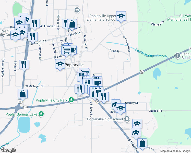 map of restaurants, bars, coffee shops, grocery stores, and more near 209 Hope Street in Poplarville