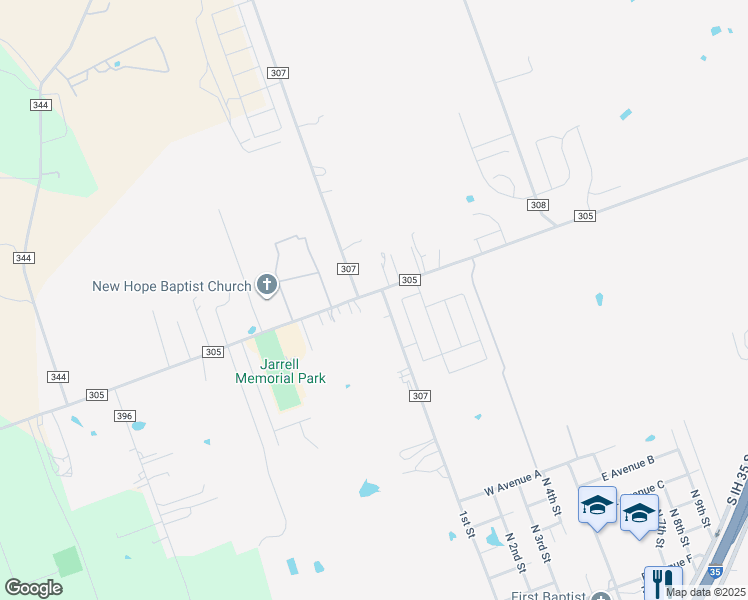 map of restaurants, bars, coffee shops, grocery stores, and more near 555 County Road 305 in Jarrell