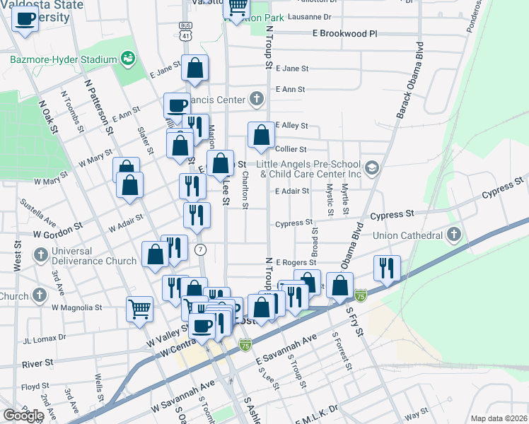 map of restaurants, bars, coffee shops, grocery stores, and more near 520 North Troup Street in Valdosta