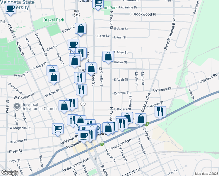 map of restaurants, bars, coffee shops, grocery stores, and more near 520 North Troup Street in Valdosta