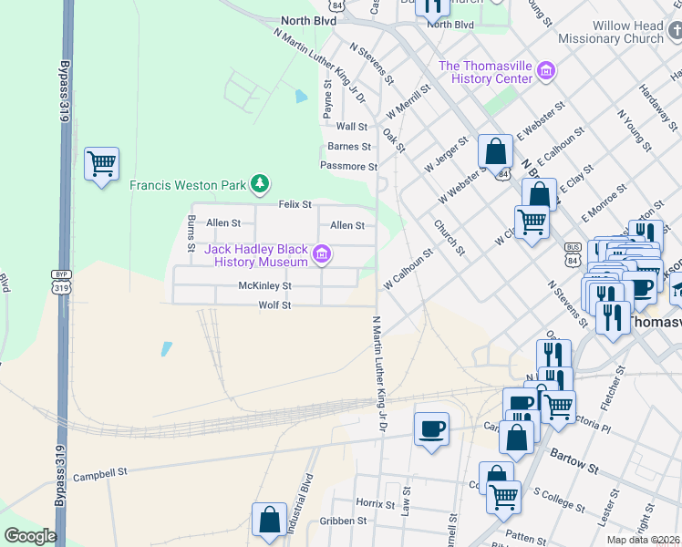 map of restaurants, bars, coffee shops, grocery stores, and more near 211 Alexander St in Thomasville
