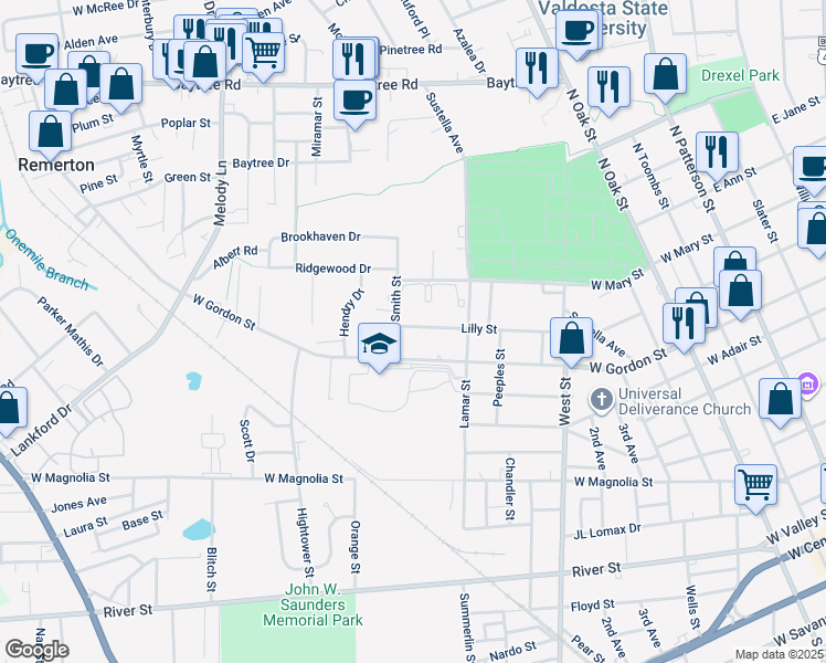map of restaurants, bars, coffee shops, grocery stores, and more near 1003 Smith Street in Valdosta