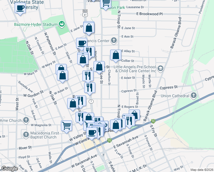 map of restaurants, bars, coffee shops, grocery stores, and more near 520 Charlton Street in Valdosta