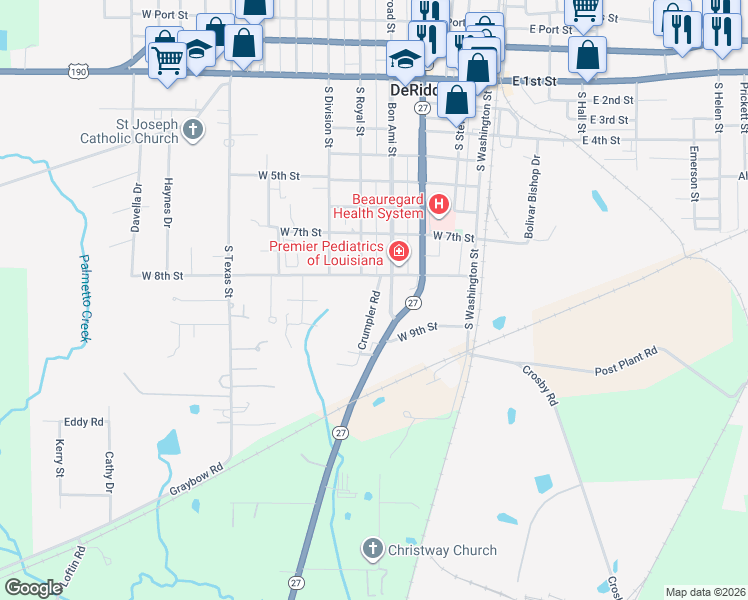 map of restaurants, bars, coffee shops, grocery stores, and more near 130 Crumpler Road in DeRidder