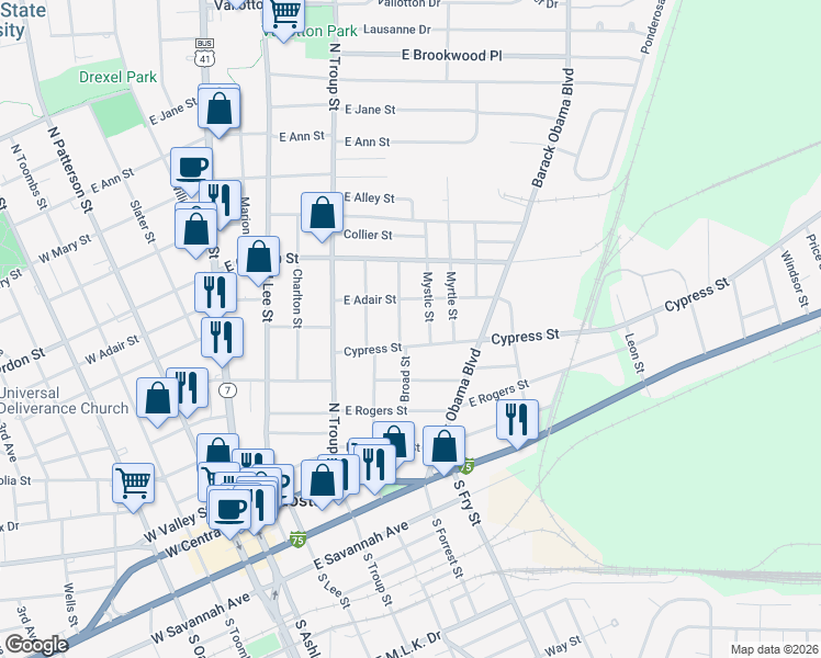map of restaurants, bars, coffee shops, grocery stores, and more near 605 Broad Street in Valdosta
