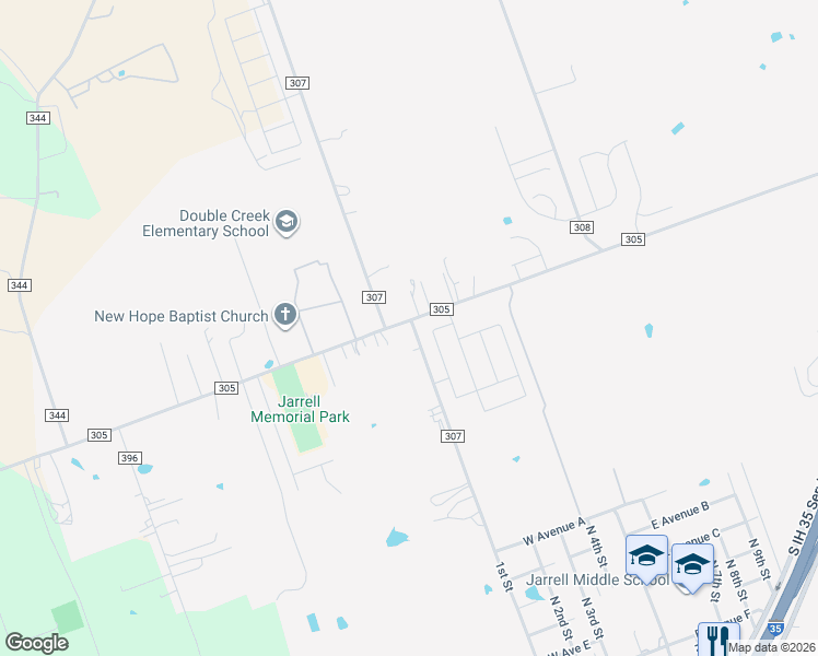 map of restaurants, bars, coffee shops, grocery stores, and more near 555 County Road 305 in Jarrell