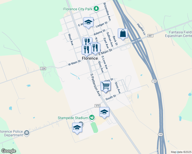 map of restaurants, bars, coffee shops, grocery stores, and more near 400 Brewster Street in Florence